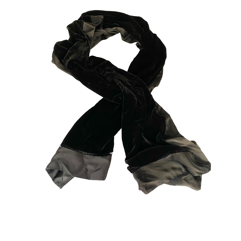 Lord & Taylor Black Silk Blend Velvet Evening Wrap Scarf Satin Trim Stole